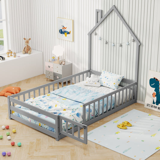 Twin Size Montessori Floor Bed with Lockable Door and Full-Length Guardrail-Gray