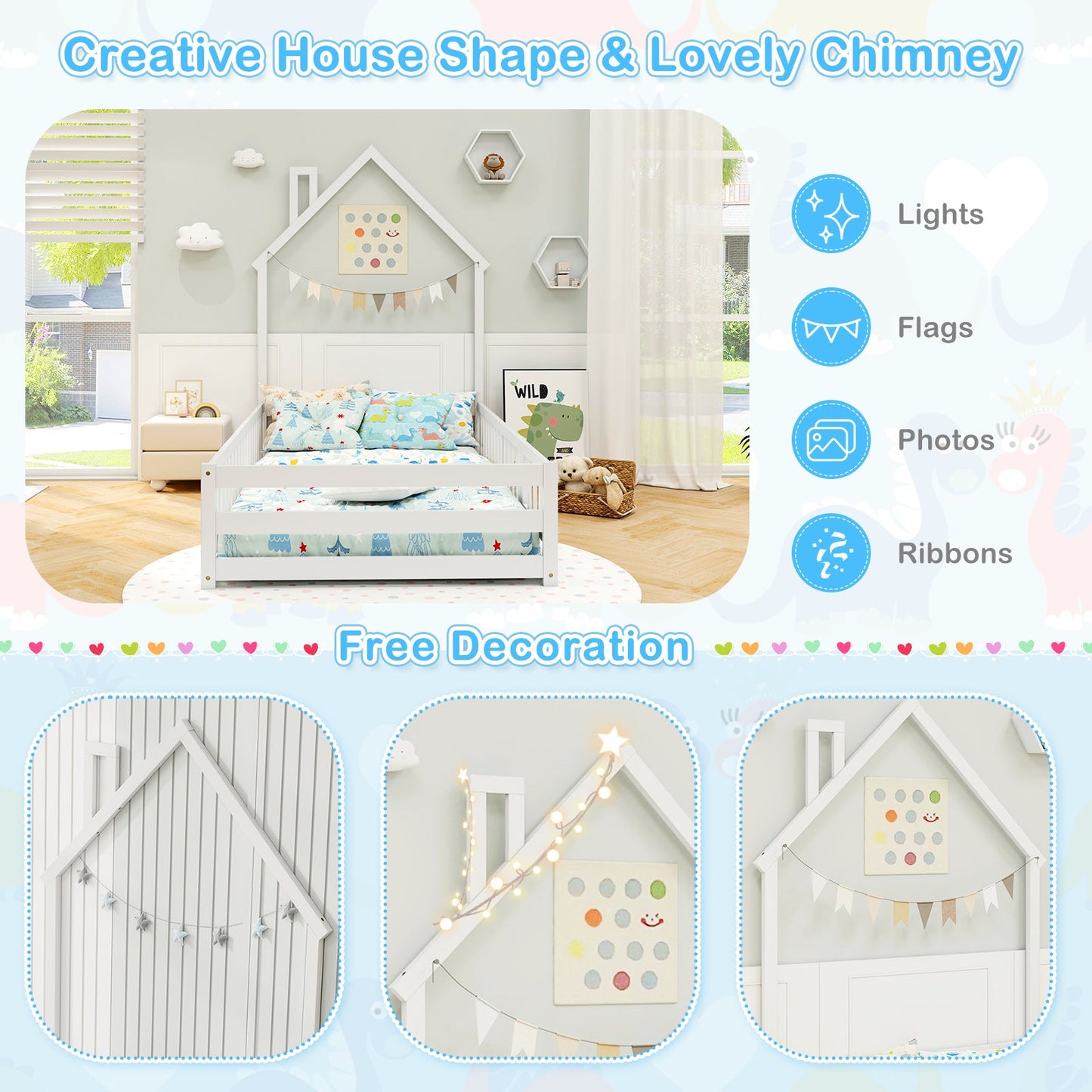 Twin Size Montessori Floor Bed with Lockable Door and Full-Length Guardrail-White