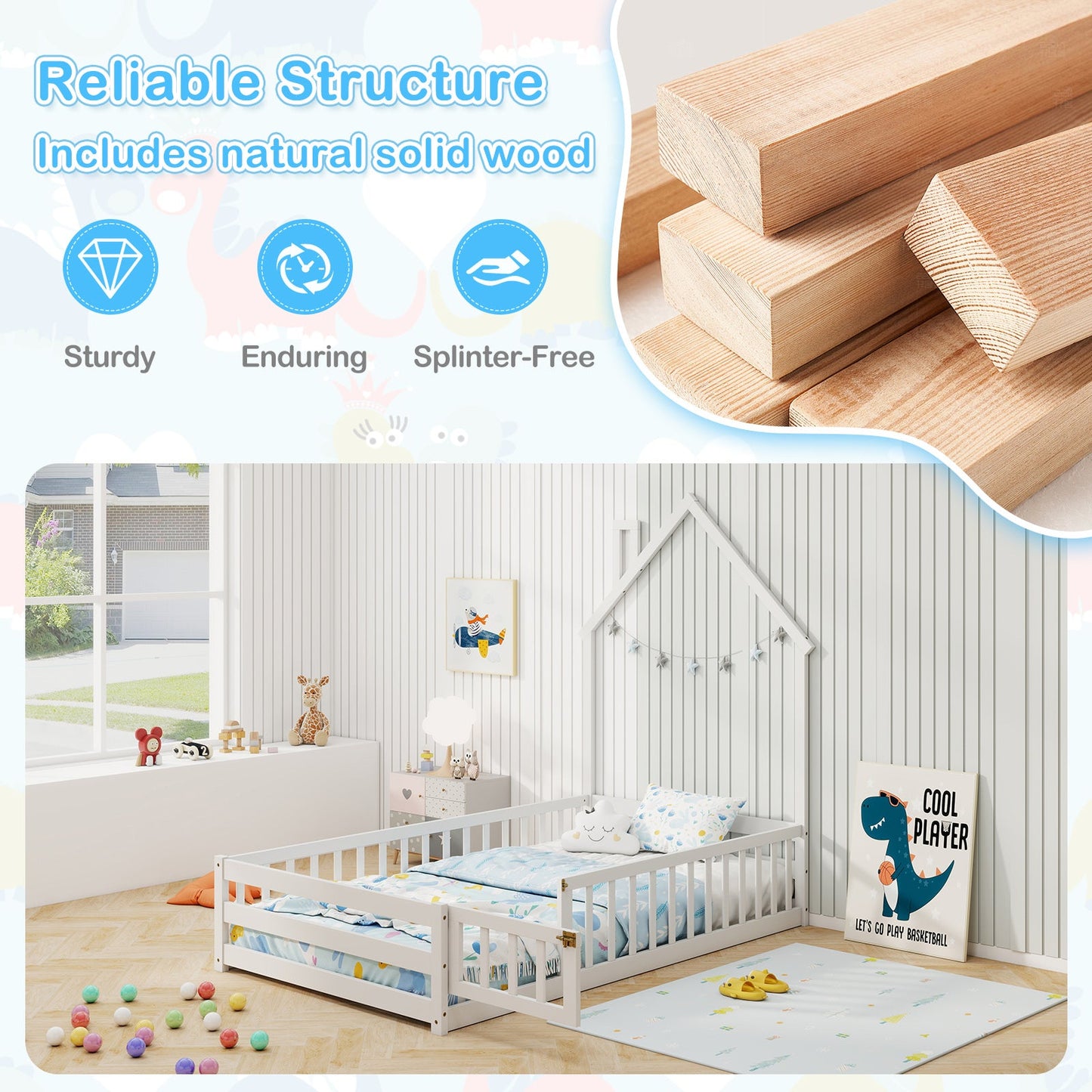 Twin Size Montessori Floor Bed with Lockable Door and Full-Length Guardrail-White