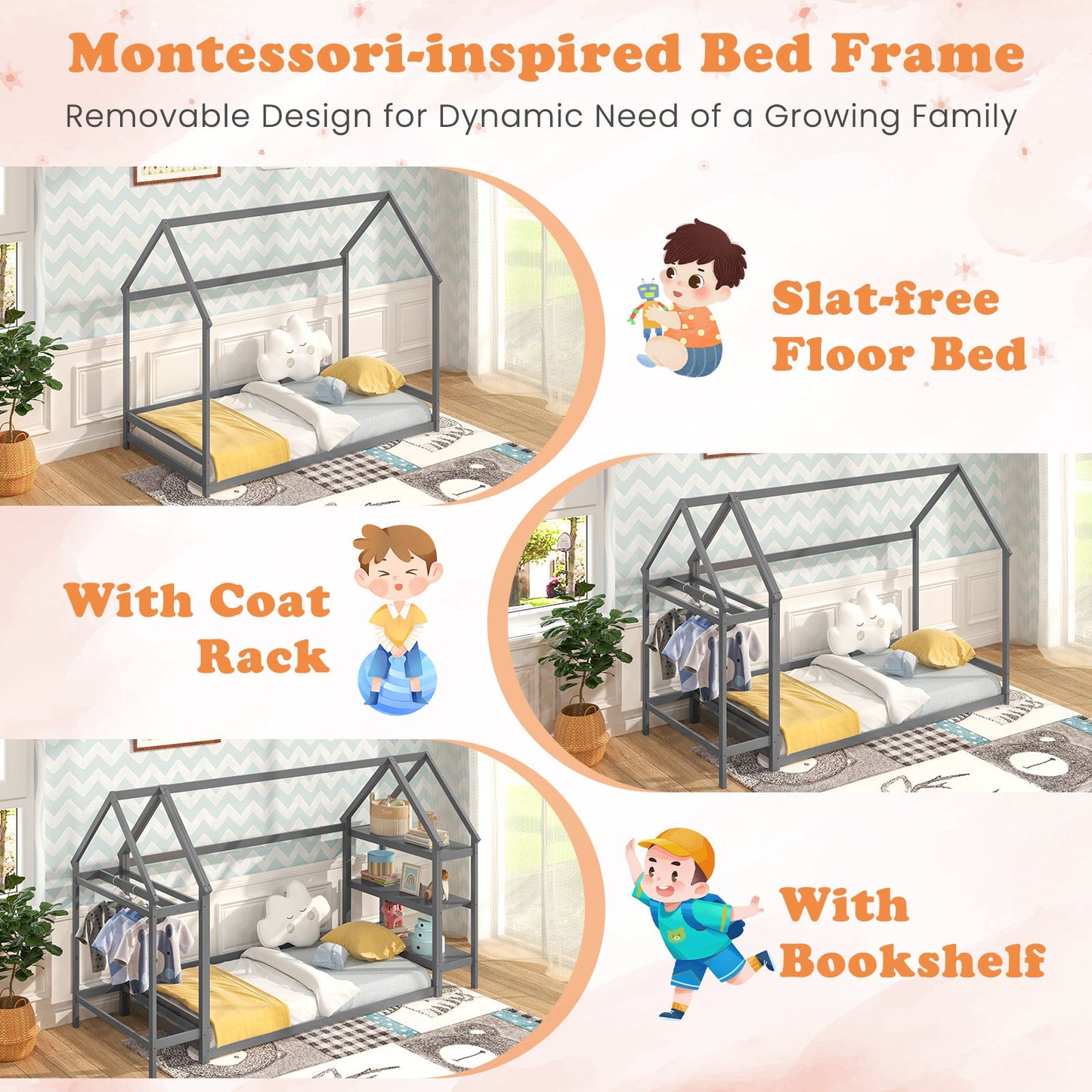 Twin Size Montessori Floor House Bed with Detachable Storage Shelves-Grey