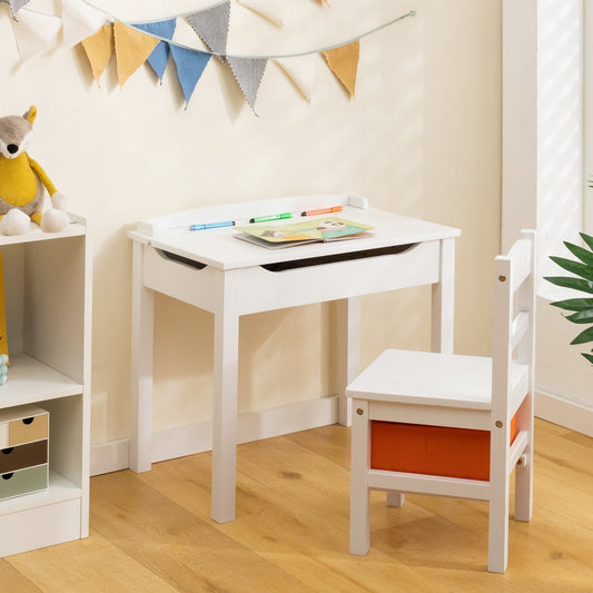 Flip-Top Wood Kids Activity Table and Chair Set with Hidden Storage Space-White