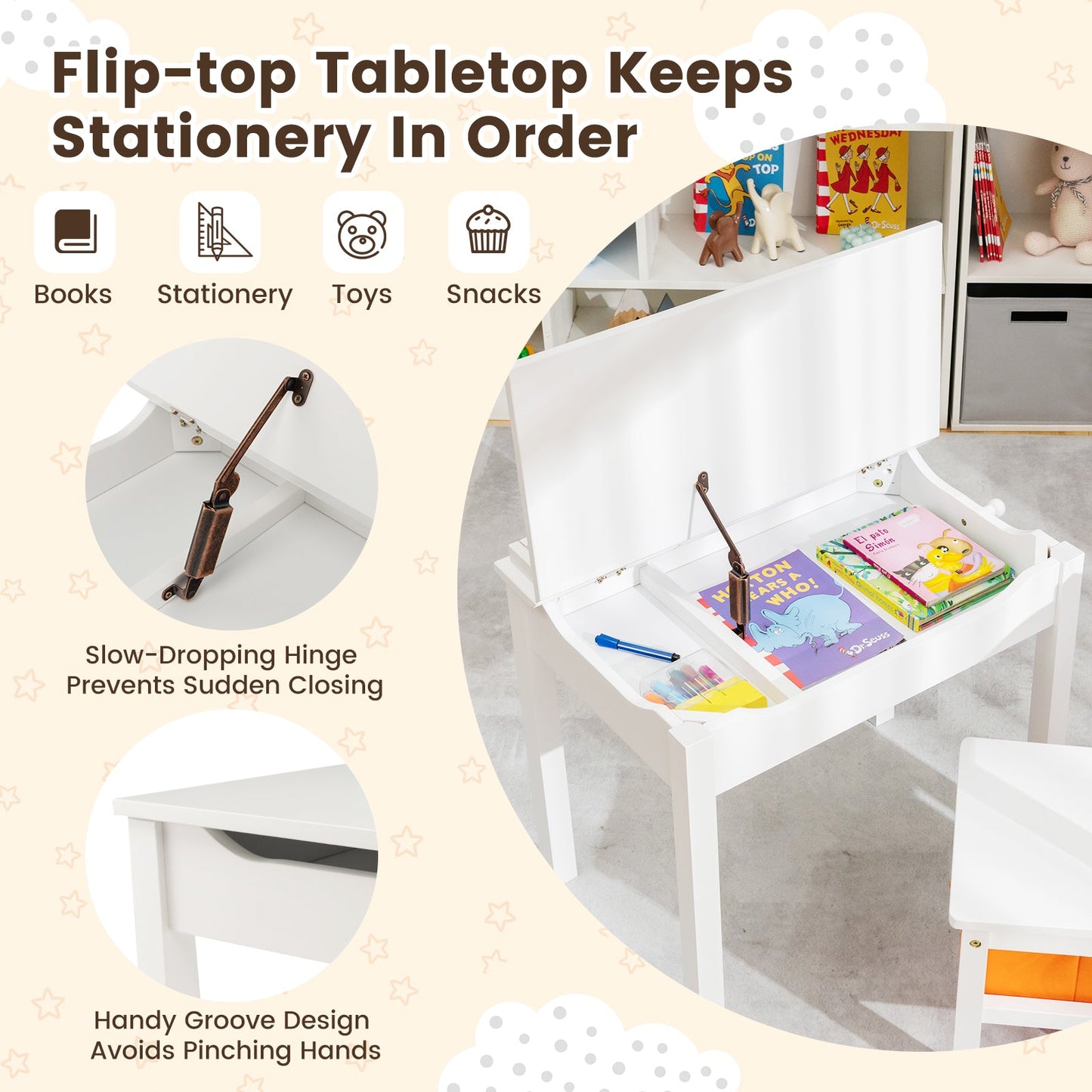 Flip-Top Wood Kids Activity Table and Chair Set with Hidden Storage Space-White