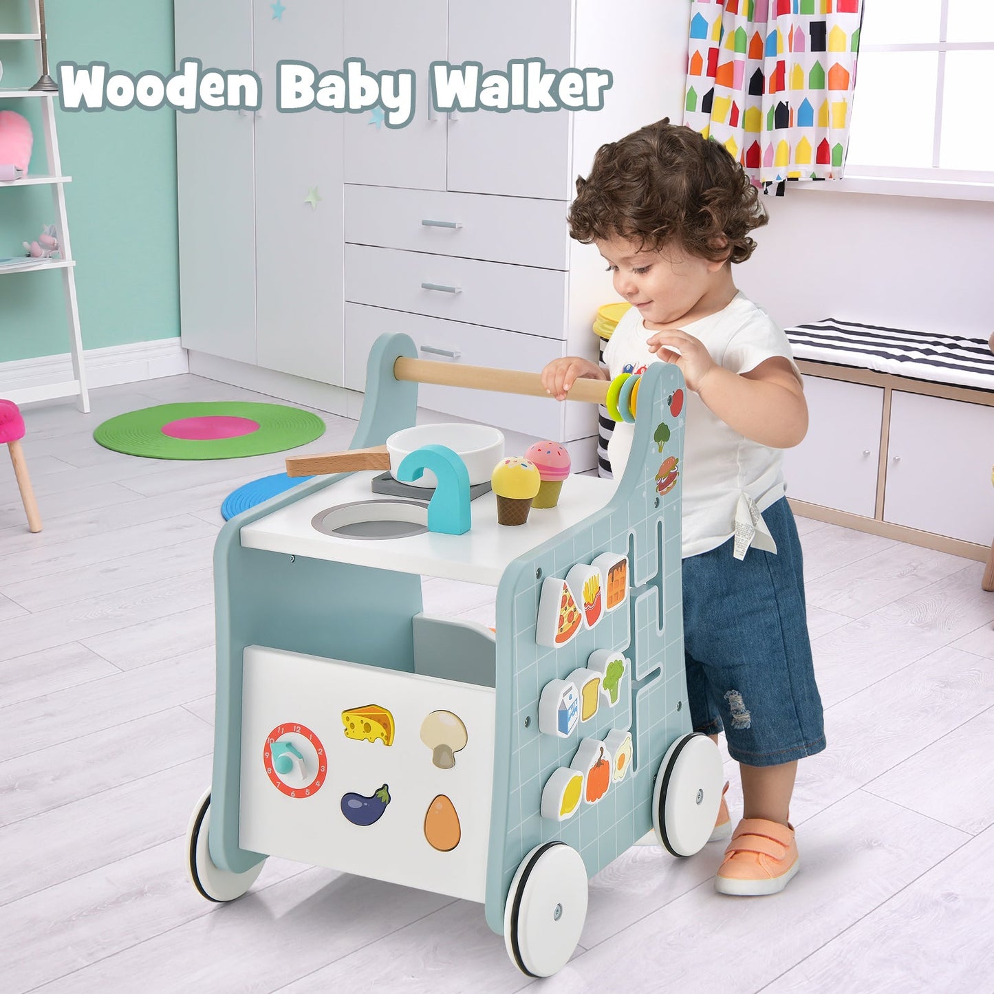 6-in-1 Wooden Baby Stroller with Play Kitchen for Kids Over 12 Months-Blue