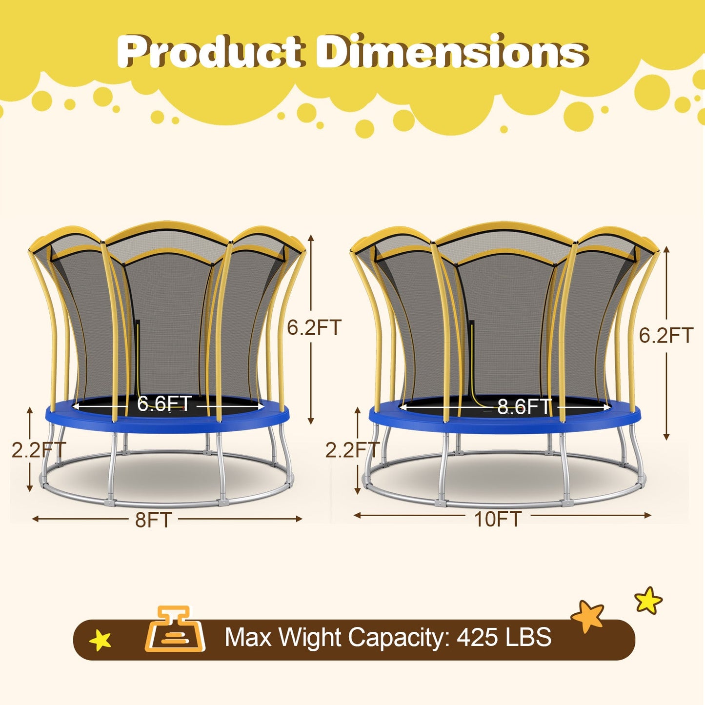8 Feet Outdoor Unique Flower Shape Trampoline with Enclosure Net-Yellow