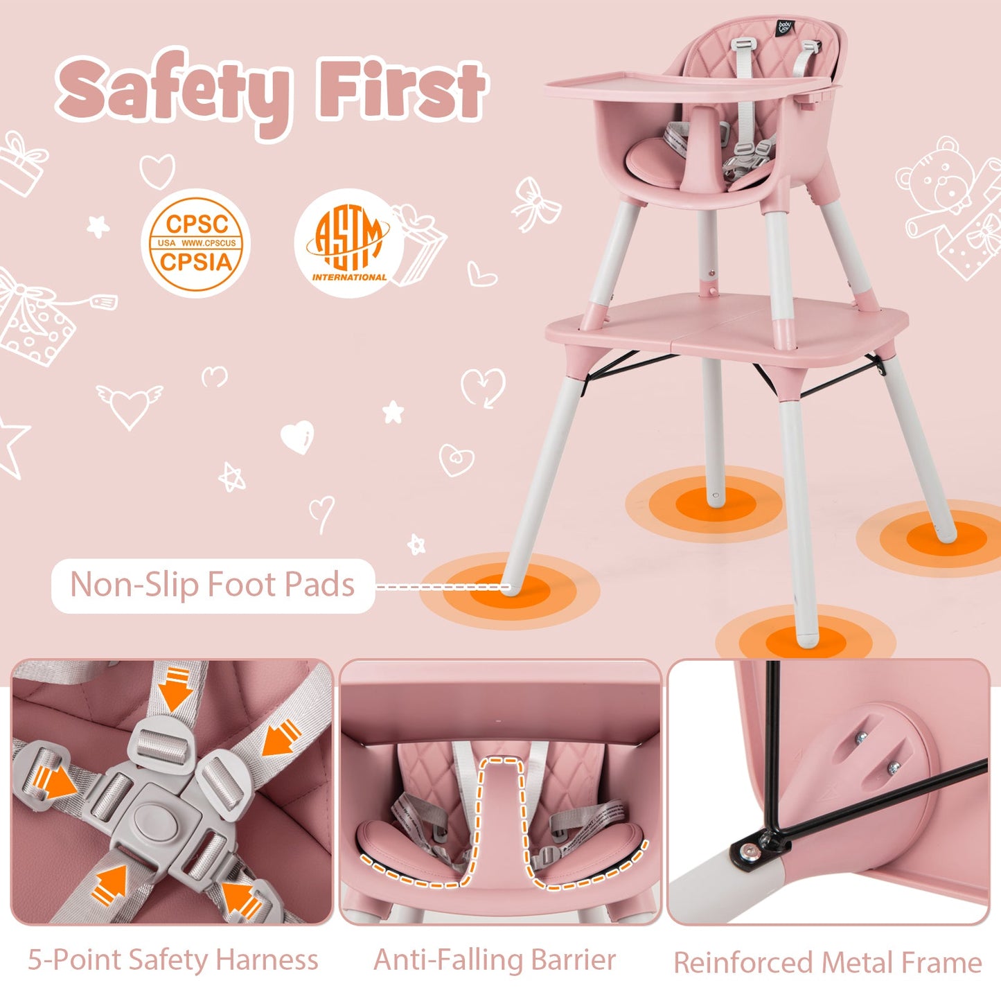 4-in-1 Baby Convertible Toddler Table Chair Set with PU Cushion-Pink