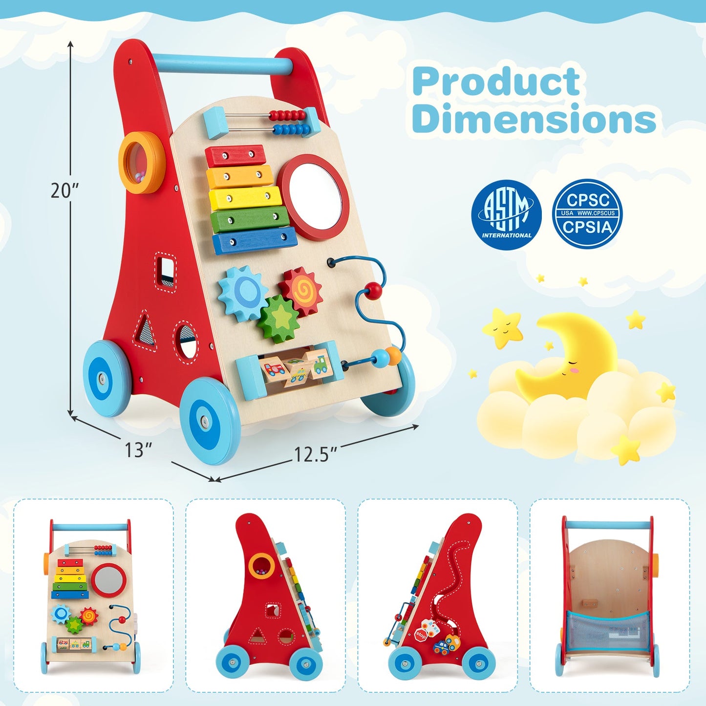 Baby Push Walker with Handle and Wheels for Boys & Girls 3+ Years Old-Muticolor