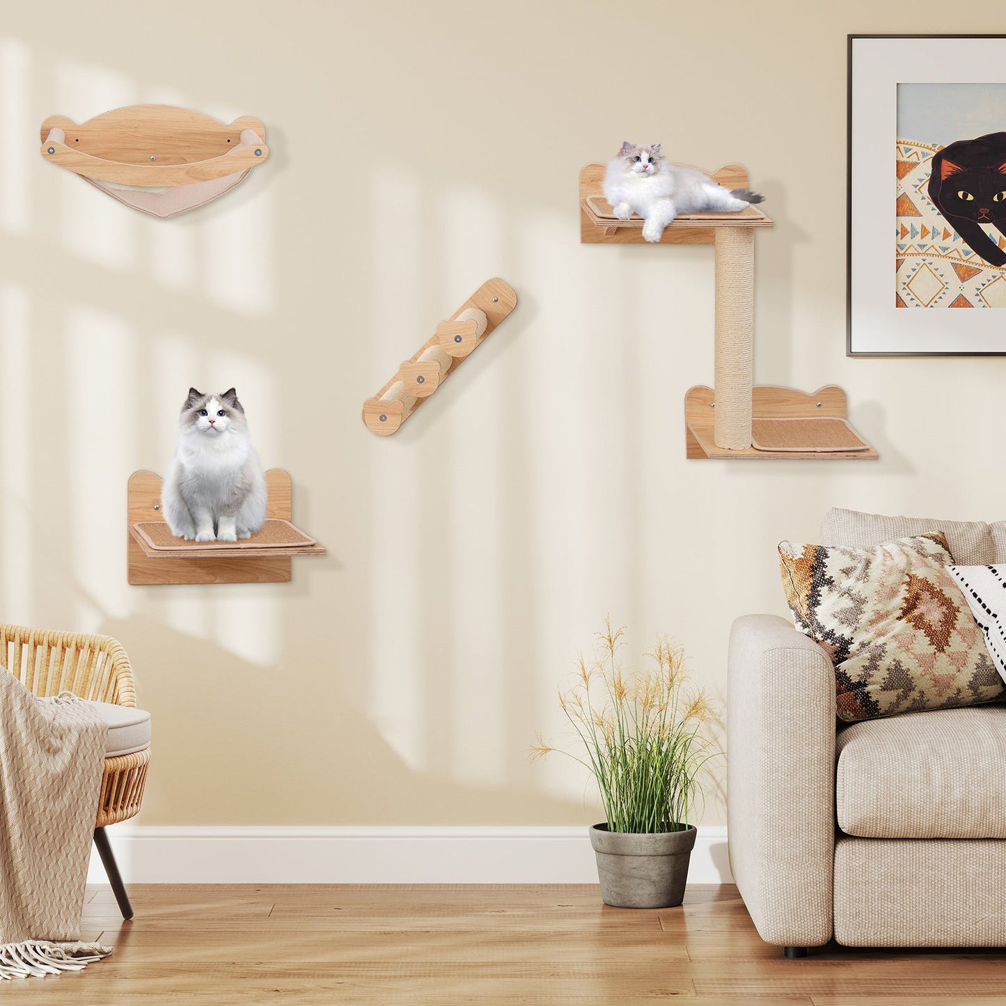 Cat Wall Furniture Set of 4 with Hammock 2-step Cat Tree and Perch-Natural