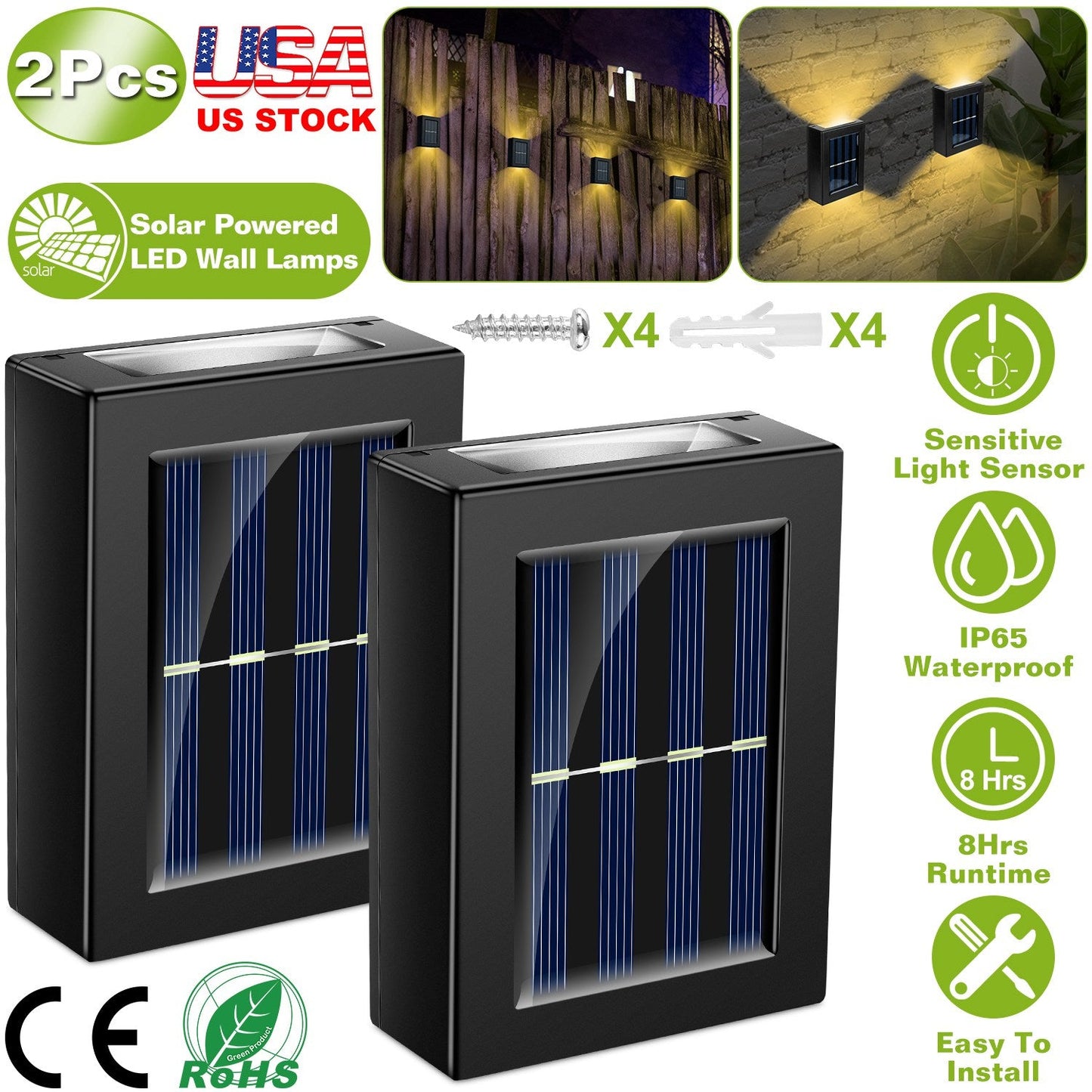2Pcs Solar Deck Lights Outdoor 2LED Beads Waterproof Sensor Fence Stair Lamps For Patio Landscape Yard Warm White Lighting Color