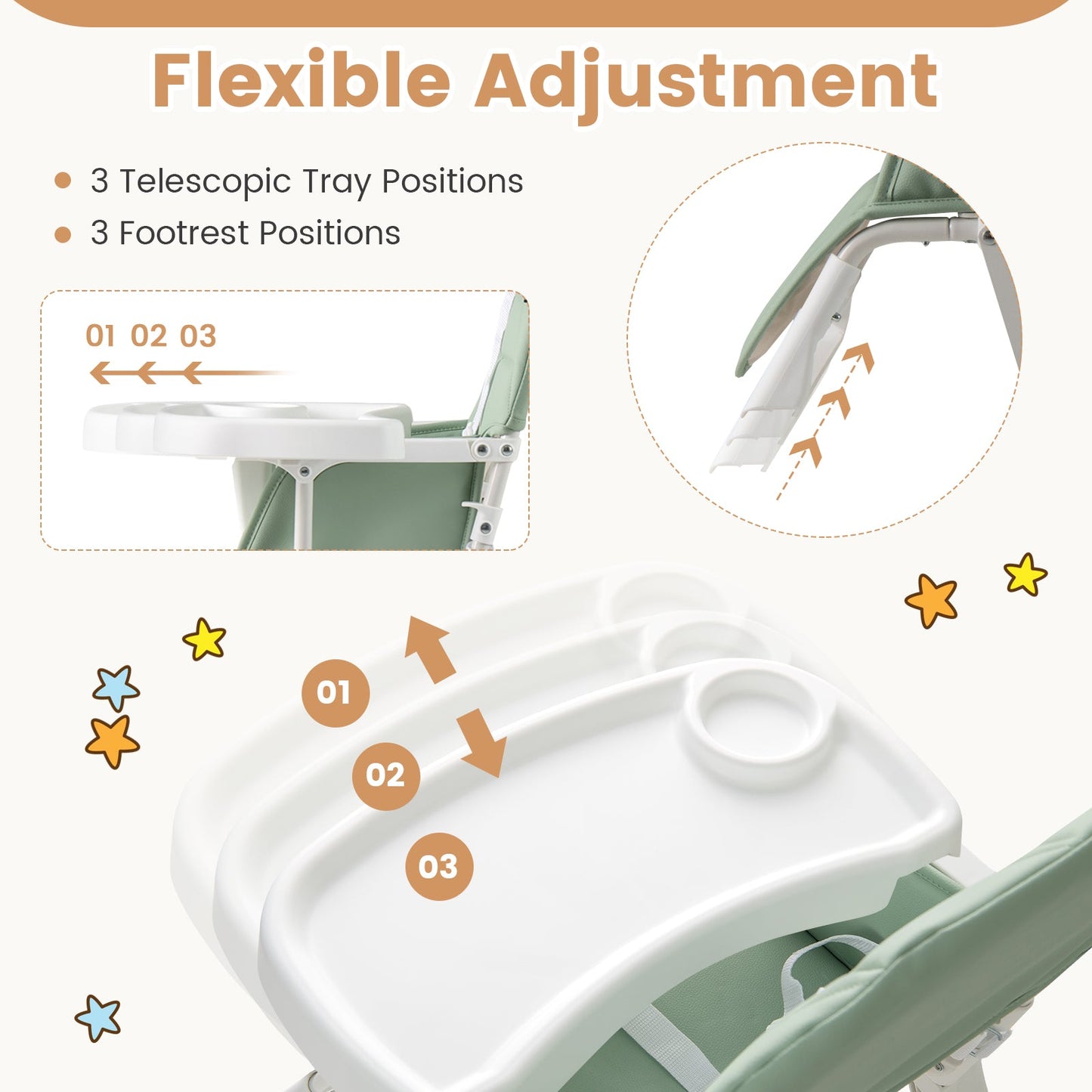 Easy Clean Compact Highchair with Removable Adjustable Tray and PU Seat Cushion-Green