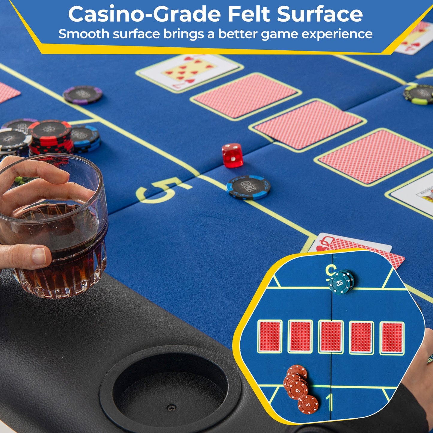 72 x 36 x 30.5 Inch Foldable Poker Table with 8 Cup Holders-Blue