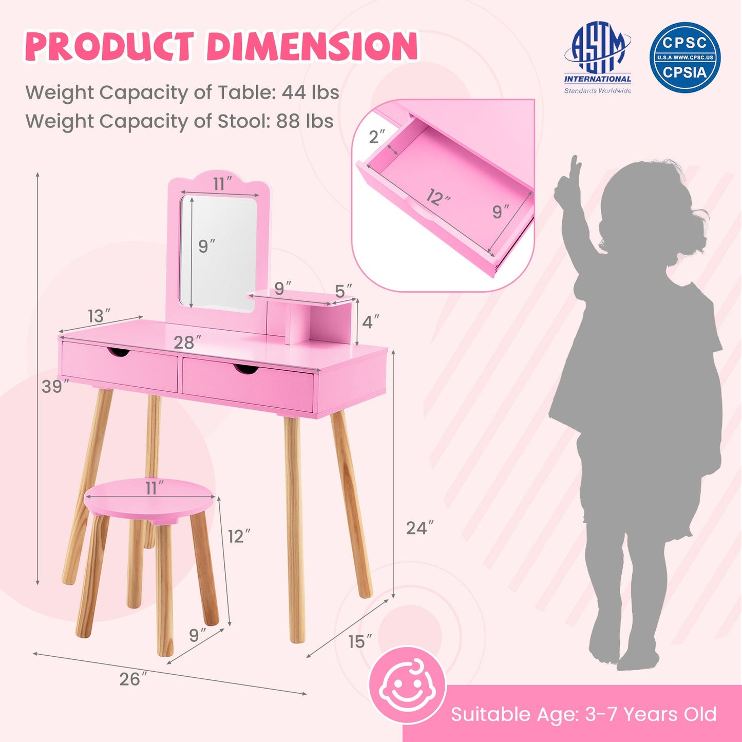 Kid Vanity Table Chair Set with Mirror and 2 Large Storage Drawers-Pink