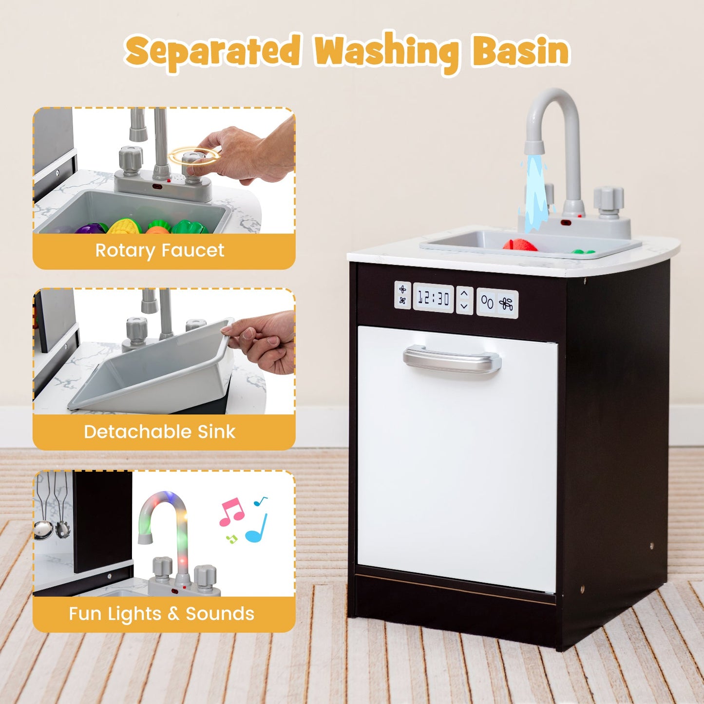 Kids Corner Pretend Kitchen Playset with Separated Washing Basin-Coffee