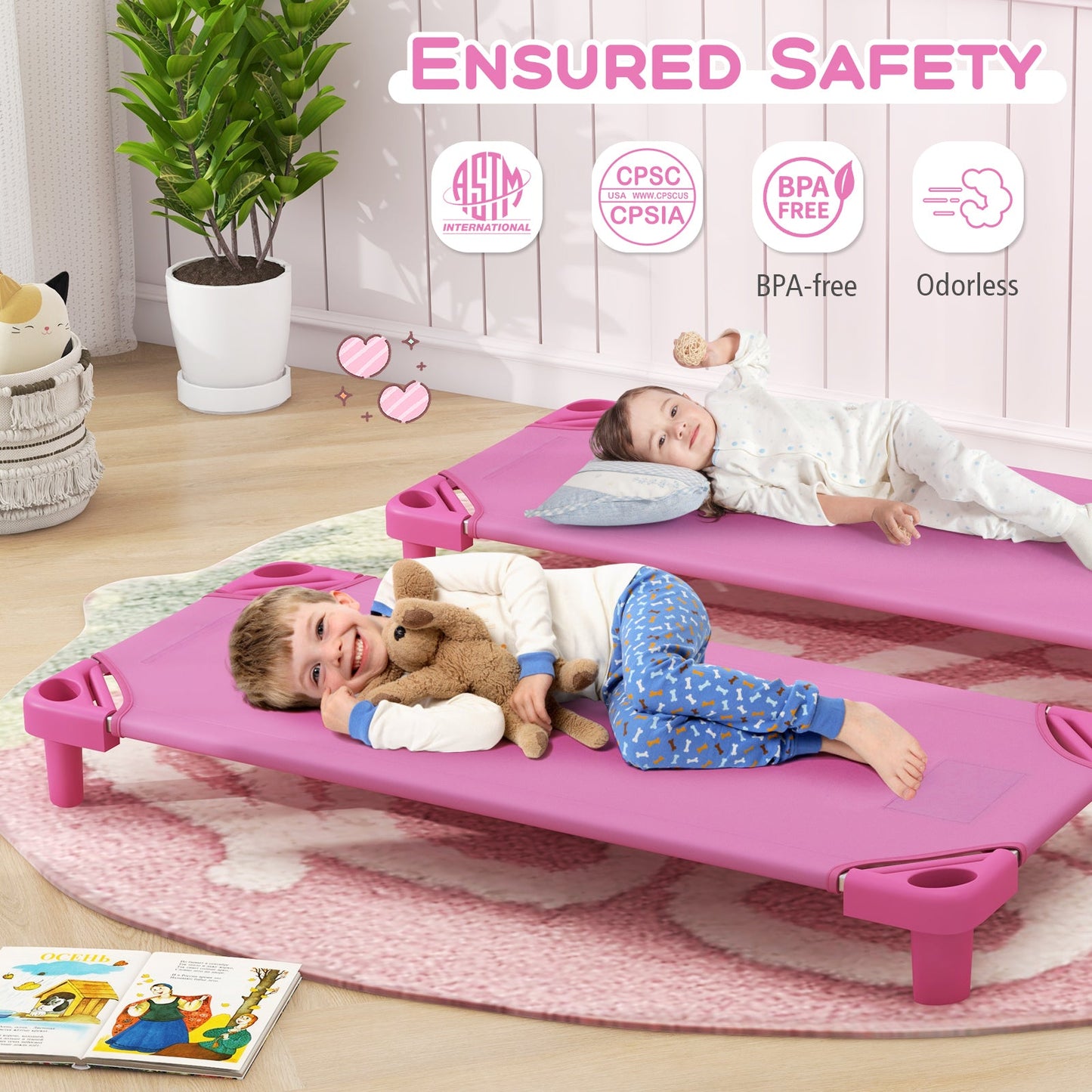 Kids Stackable Daycare Cot Pack of 6 with Detachable Oxford Cloth-Pink