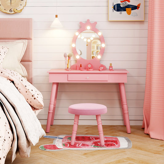 Kids Vanity Set with Lighted Mirror with Adjustable Brightness and Large Drawer-Pink