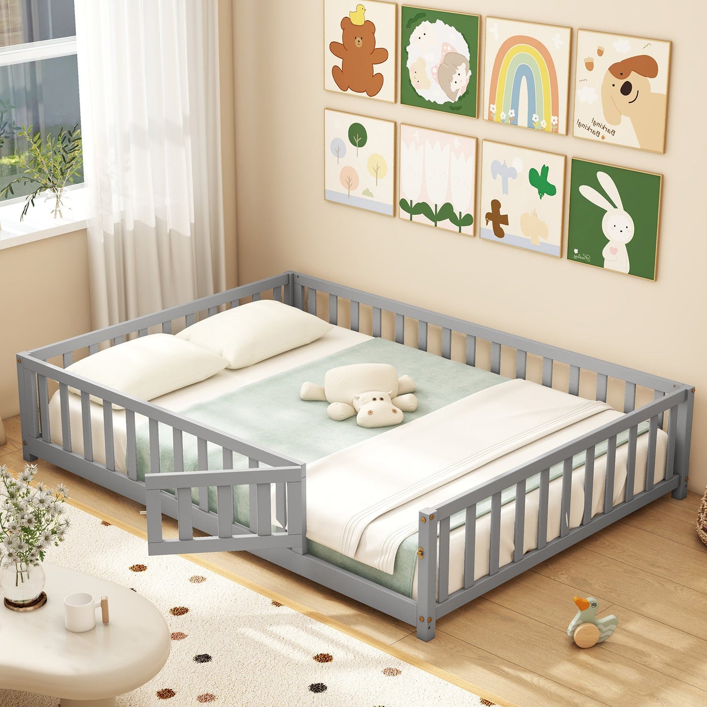 Montessori Bed Frame with Full-length Guardrails Safety Door and Latch-Gray