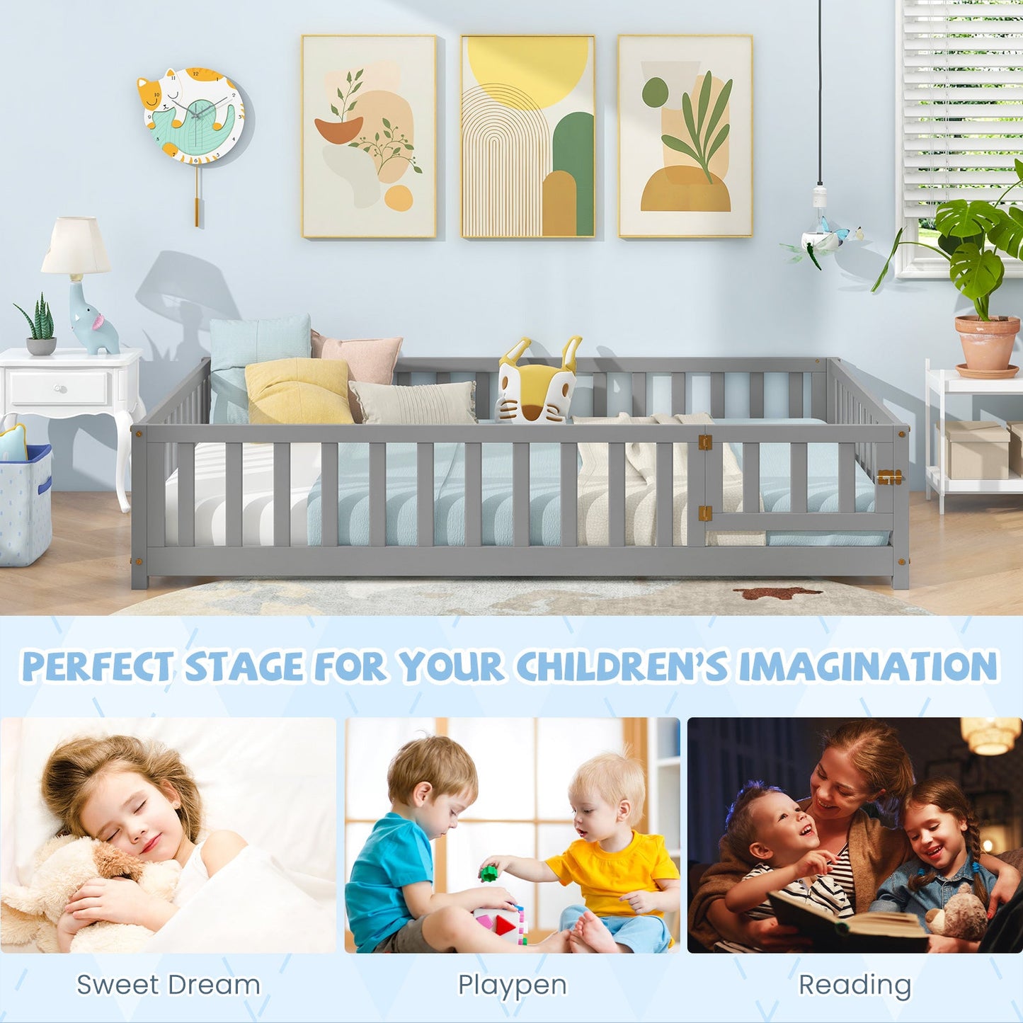 Montessori Bed Frame with Full-length Guardrails Safety Door and Latch-Gray