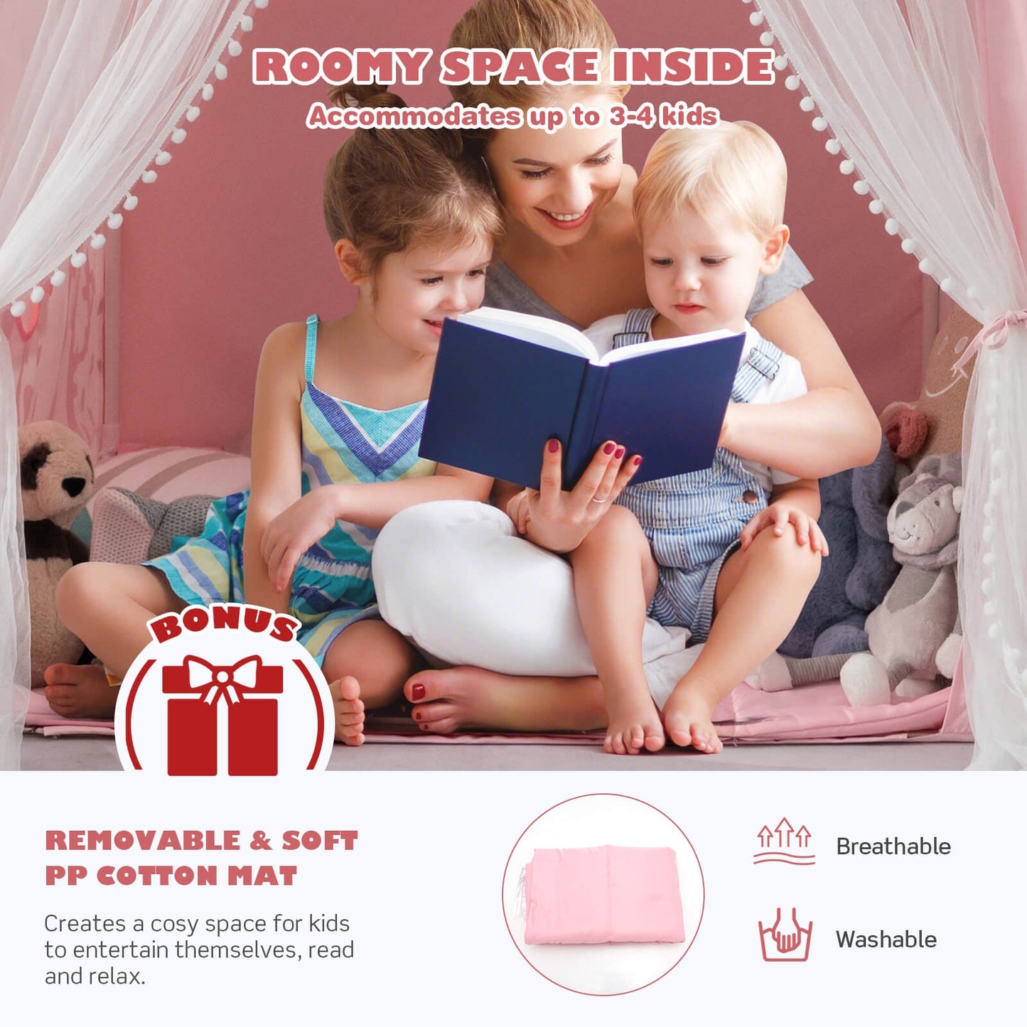 Large Kids Play Tent with Removable Cotton Mat-Pink