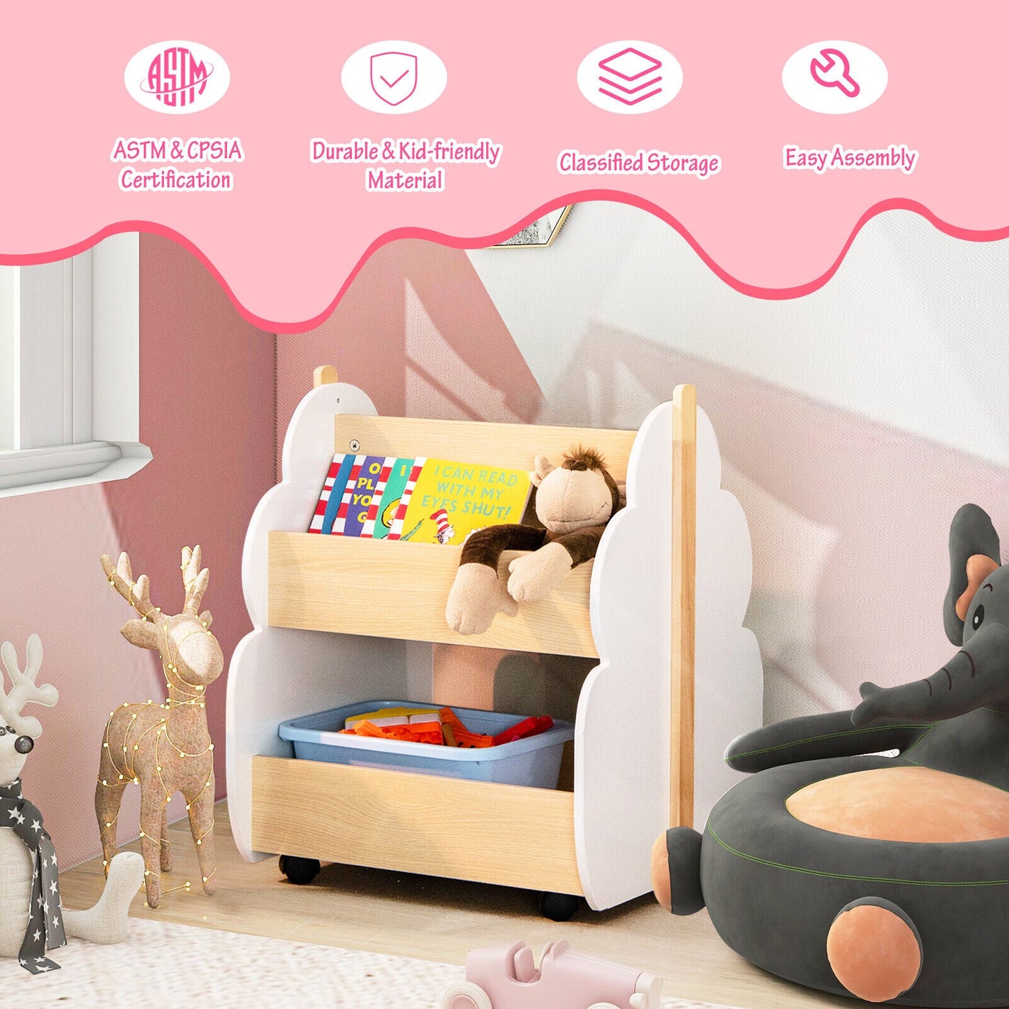 Kids Wooden Bookshelf with Universal Wheels White