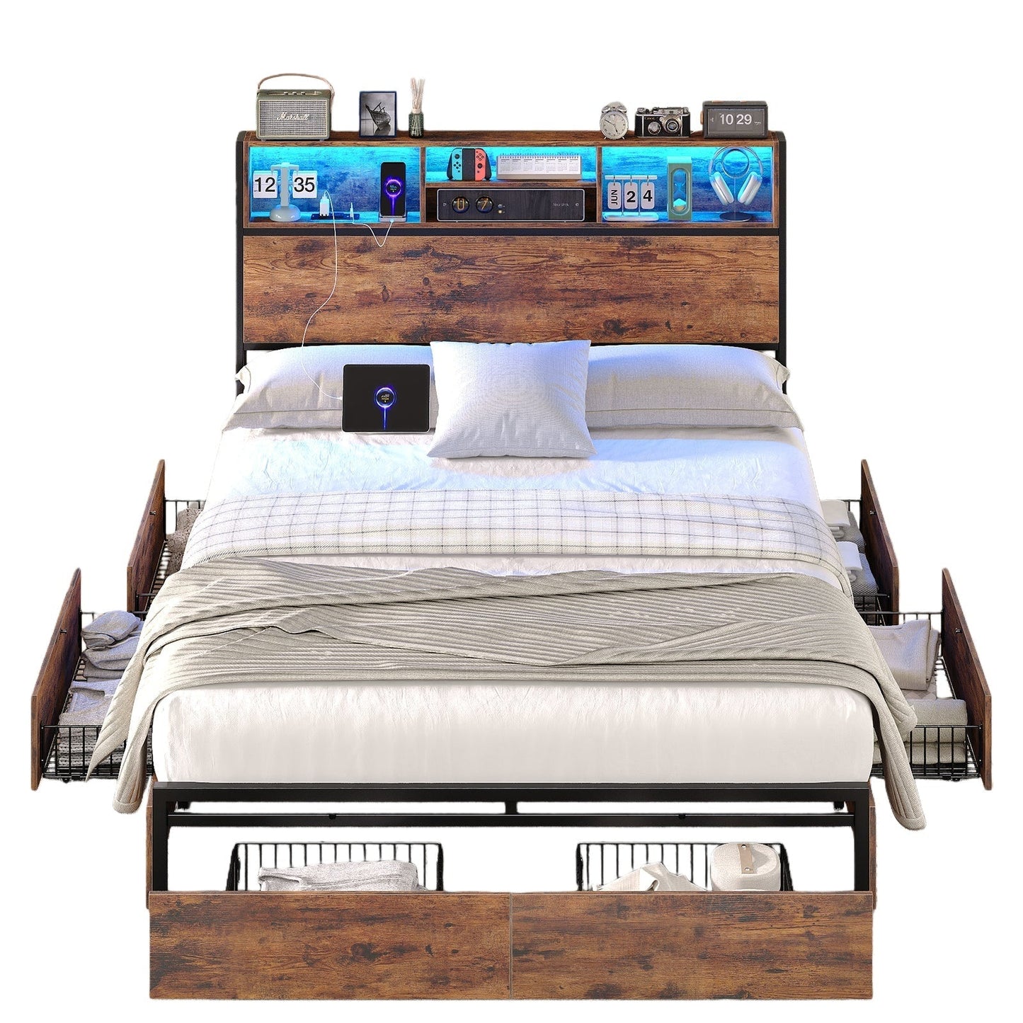 Full LED Bed Frame with LED, USB Charging, Storage Drawers, No Box Spring Needed - Vektaya