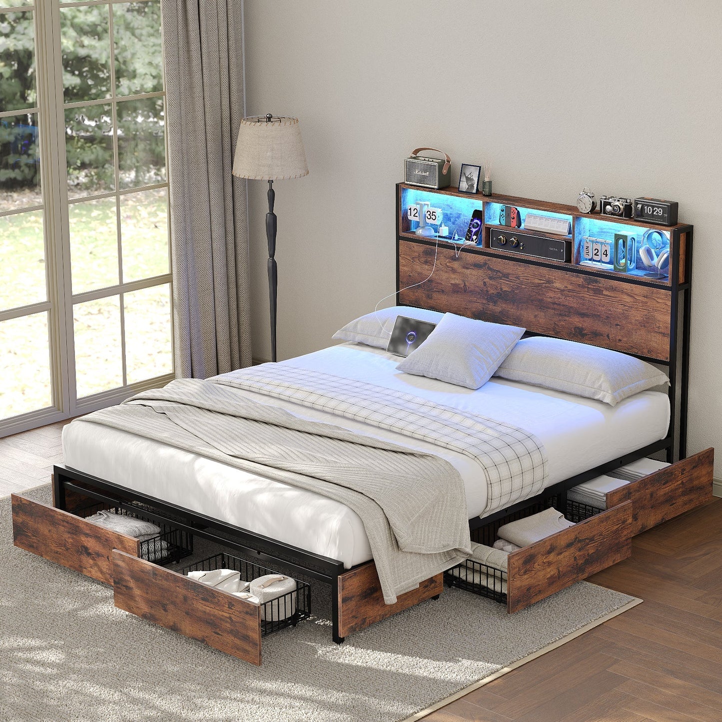 Full LED Bed Frame with LED, USB Charging, Storage Drawers, No Box Spring Needed - Vektaya