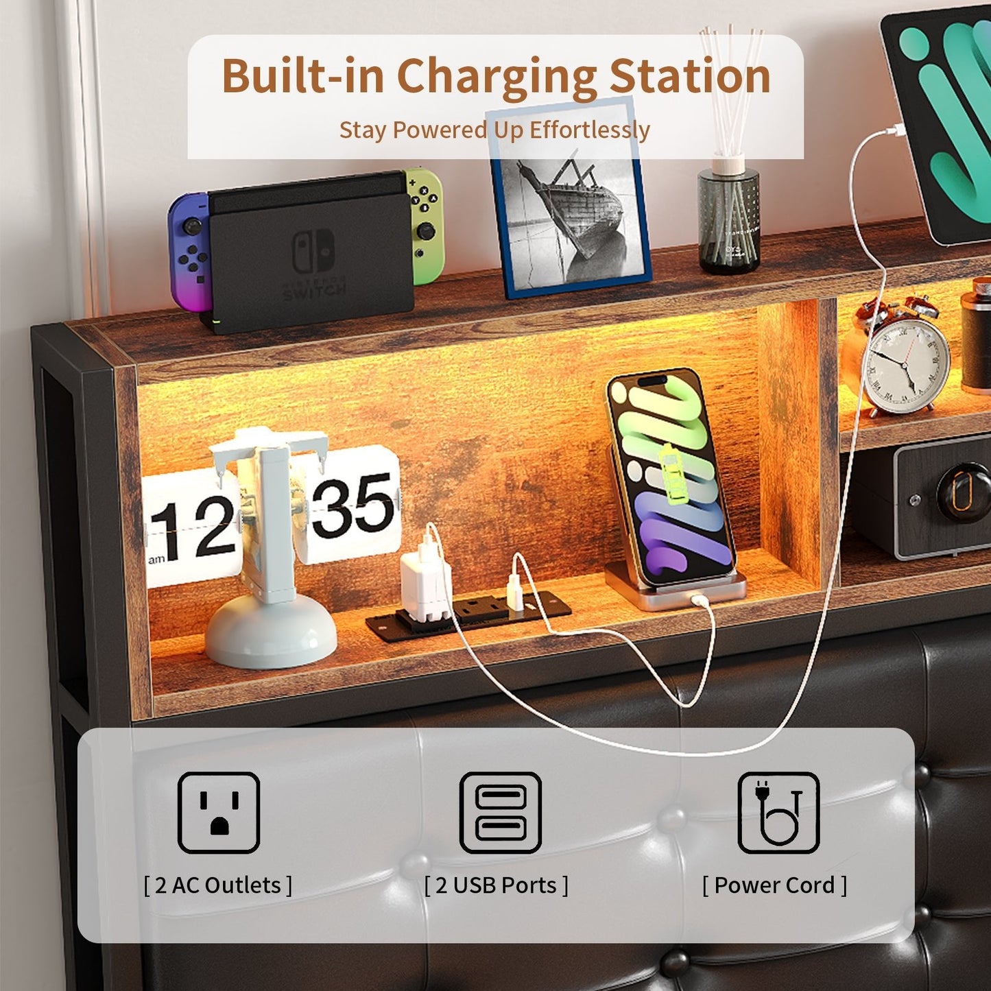 Full RGB LED Bed Frame with RGB LED, USB Charging, Storage Drawers, No Box Spring Needed - Vektaya