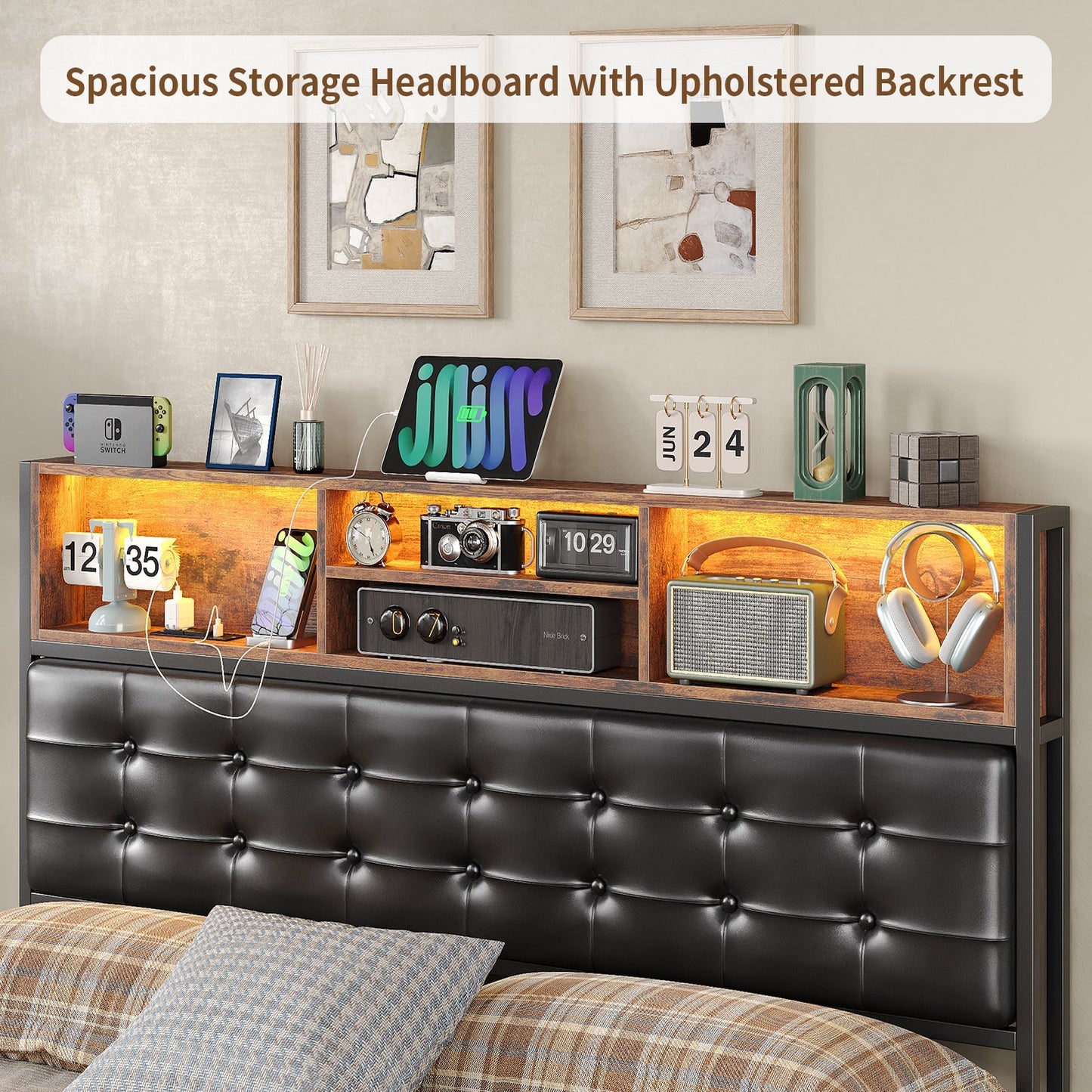 Full RGB LED Bed Frame with RGB LED, USB Charging, Storage Drawers, No Box Spring Needed - Vektaya