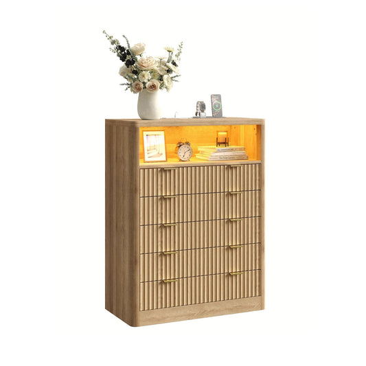 Fluted LED Nightstand with Charging Station, 5-Drawer, Oak - Vektaya