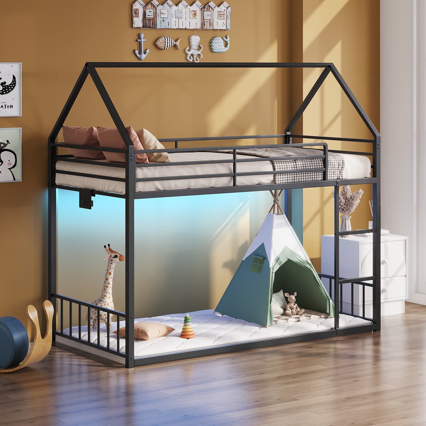 Twin Metal Bunk Bed with RGB LED, USB Charging - Vektaya