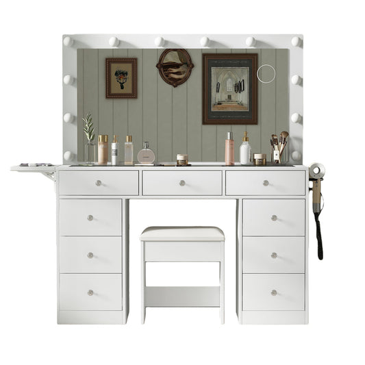 9-Drawer LED Mirror Vanity Desk - Vektaya