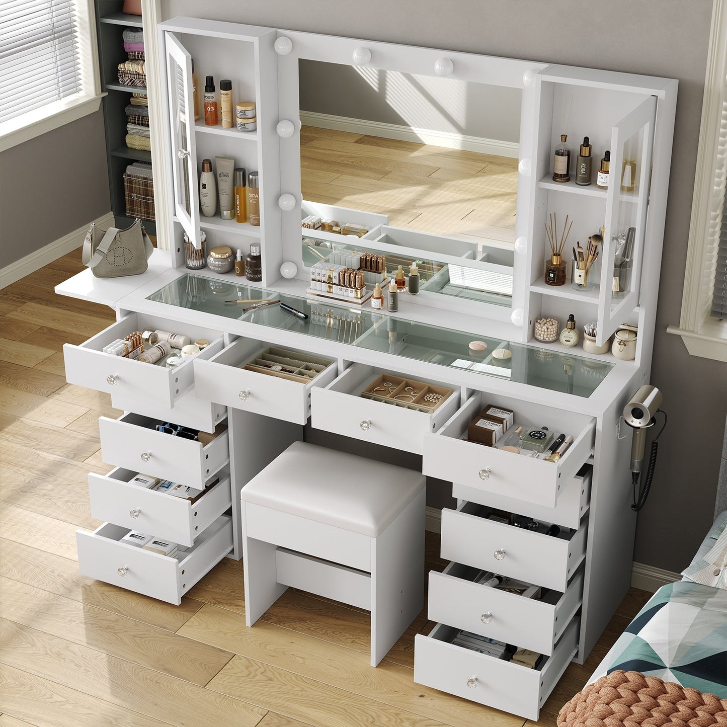 12-Drawer LED Mirror Vanity Desk - Vektaya